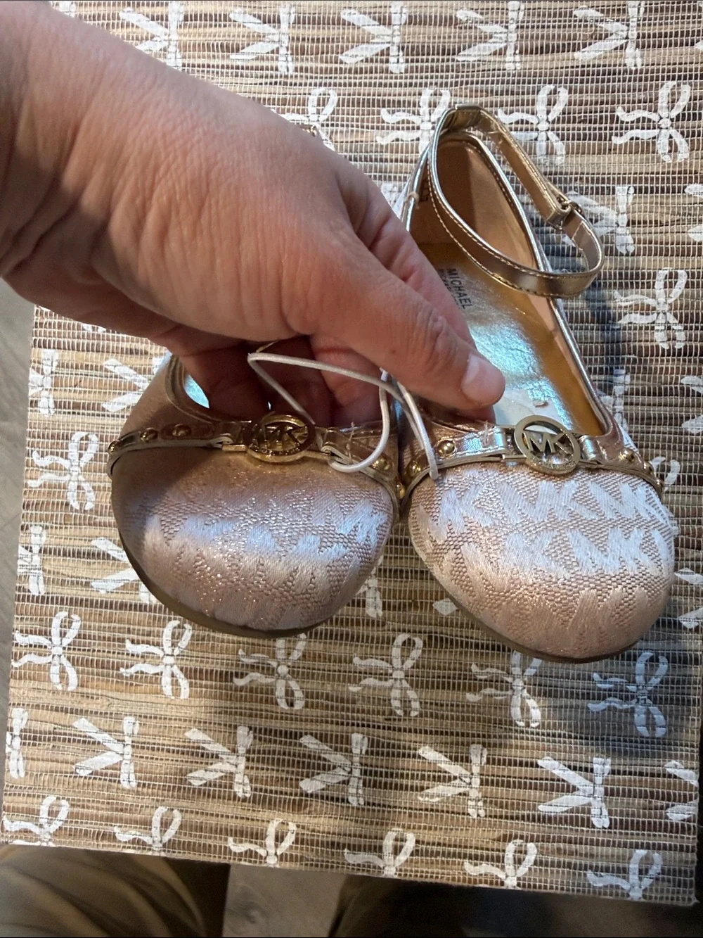 NWOT Michael Kors Rose Gold Logo Ballet Flats with Ankle Strap